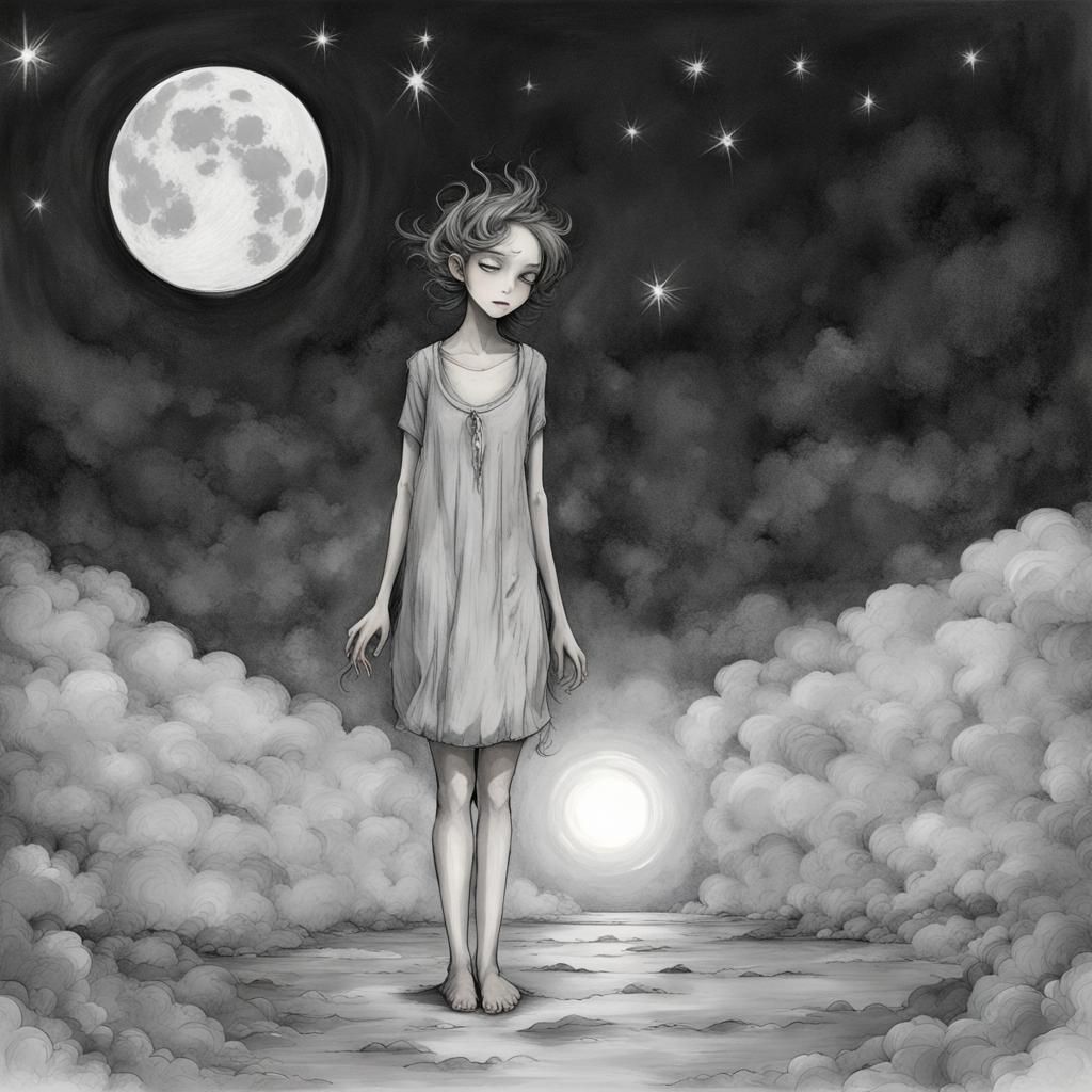 Surreal Two Moons Scene with Fiery Sky