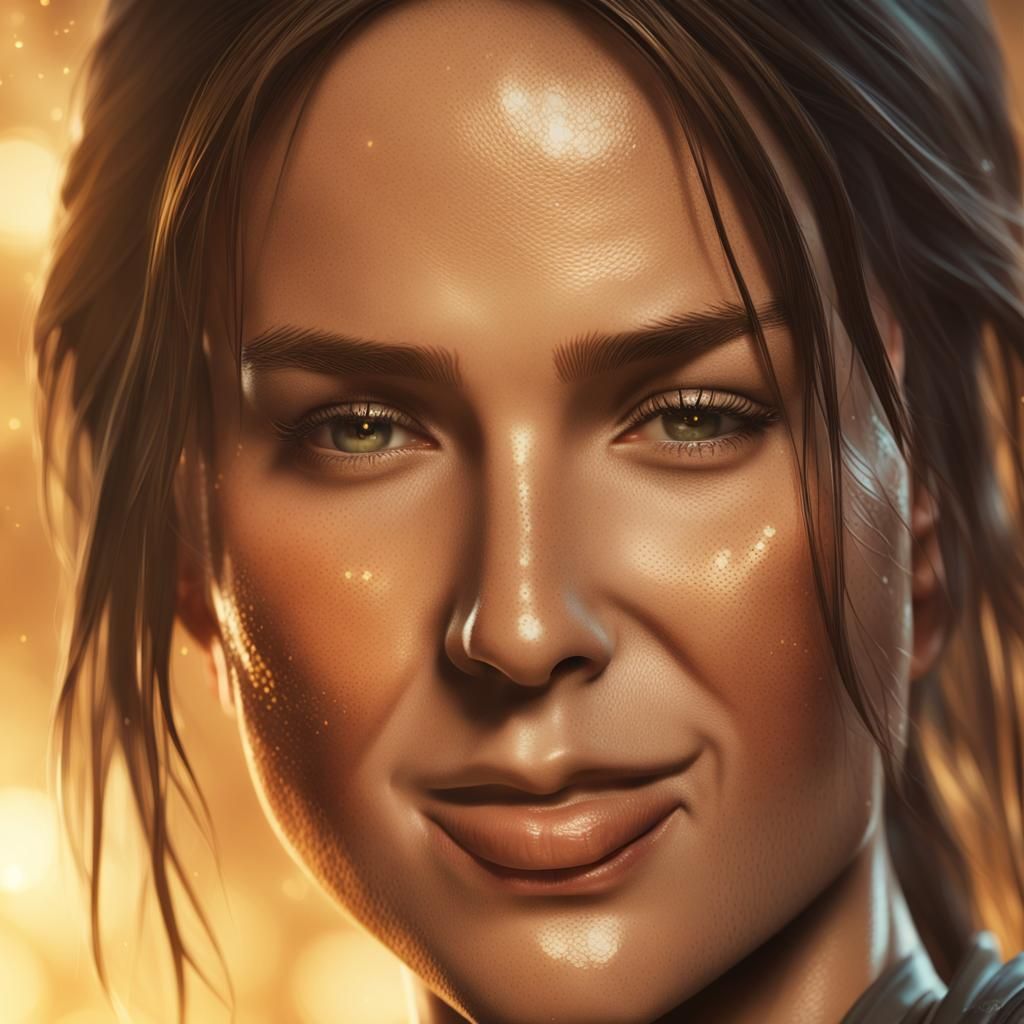 Create an image of a Lara Croft face expressing pure joy and...