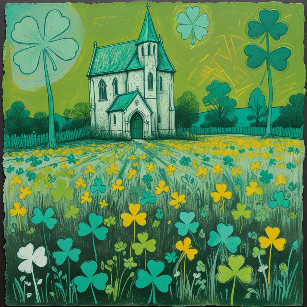 Primitive Shamrock Landscape with Church in Crude Crayon Sty...
