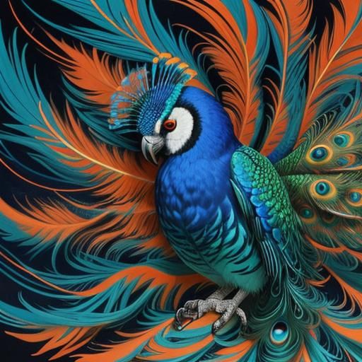 Abstract Expressionist Owl-Peacock Hybrid with Vibrant Pluma...