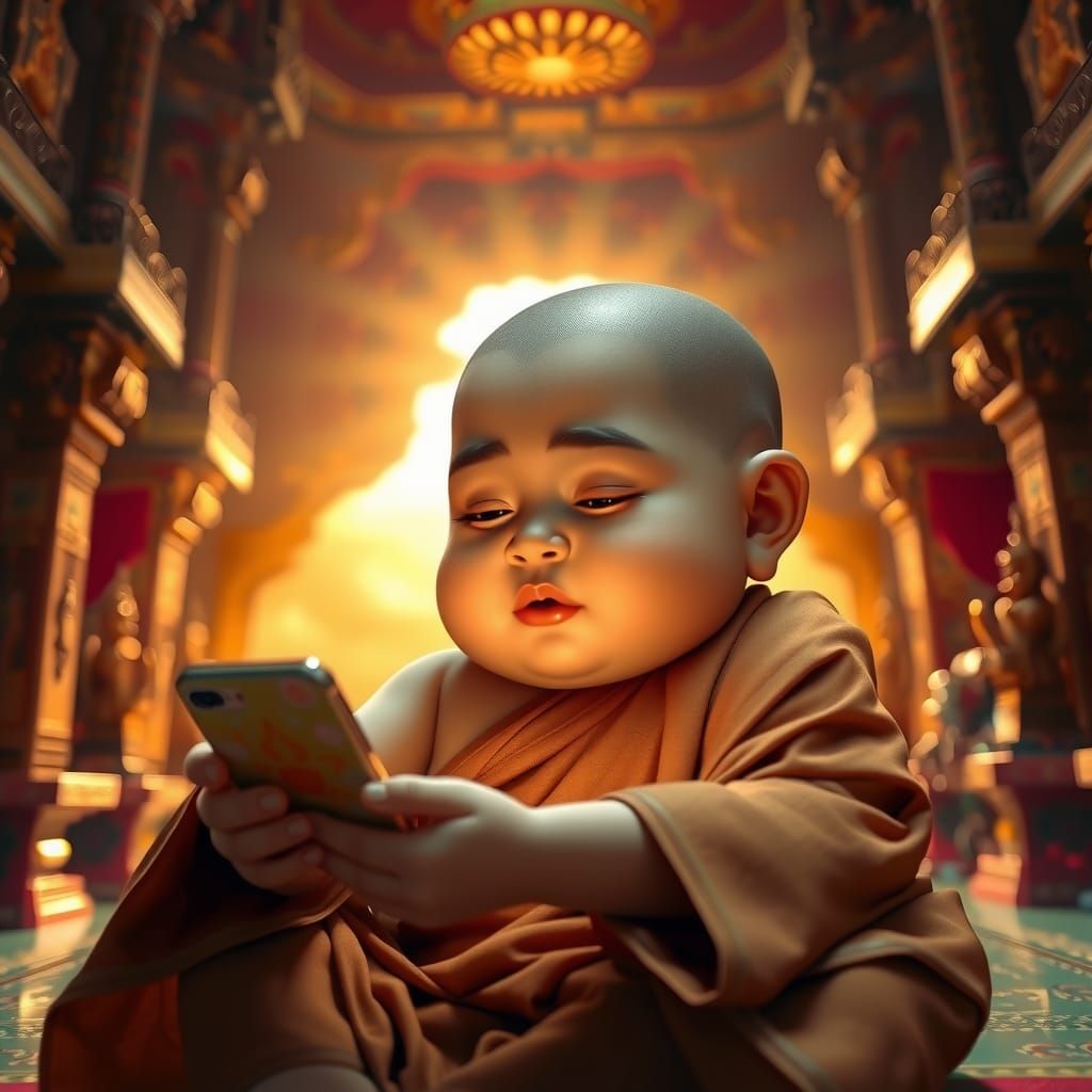 Chubby Baby Monk Waking in Lavish Temple, 3D Rendered