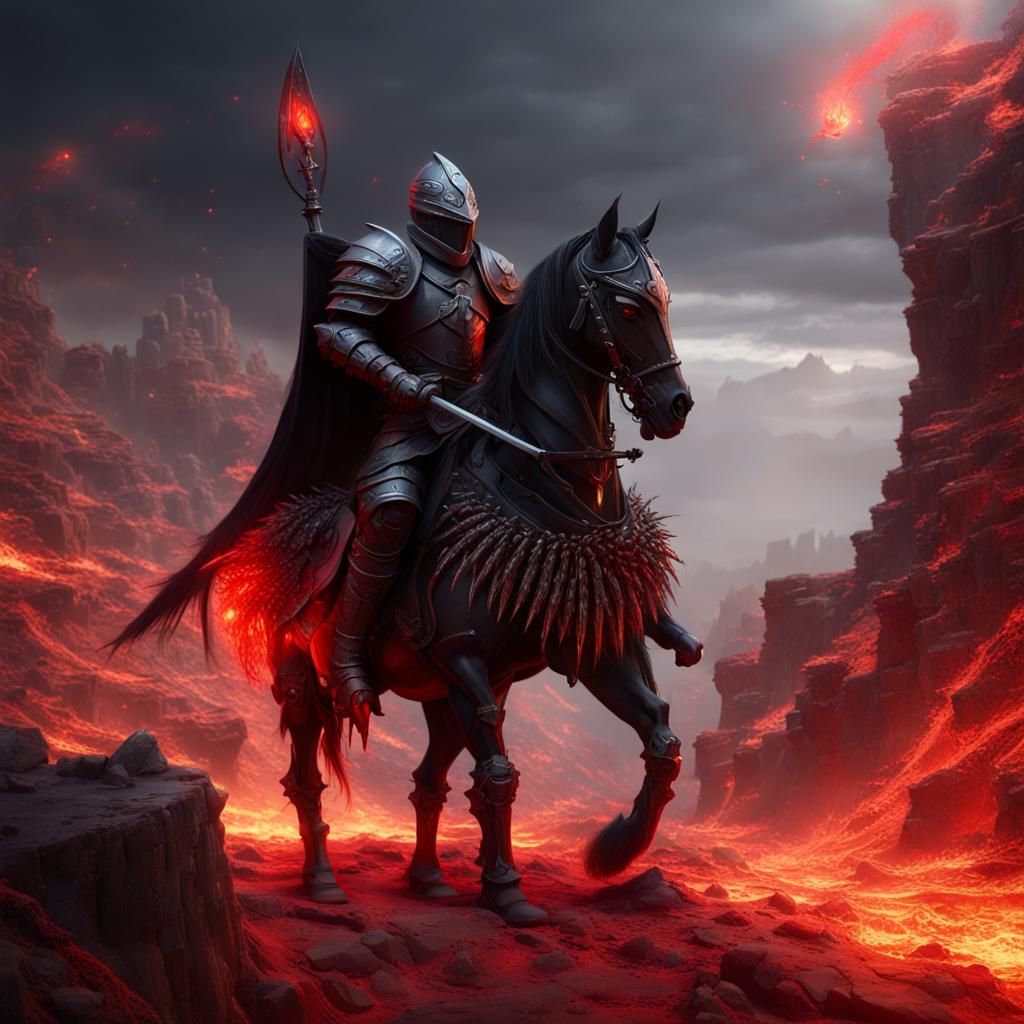 Fiery Knight on Horseback in Canyon