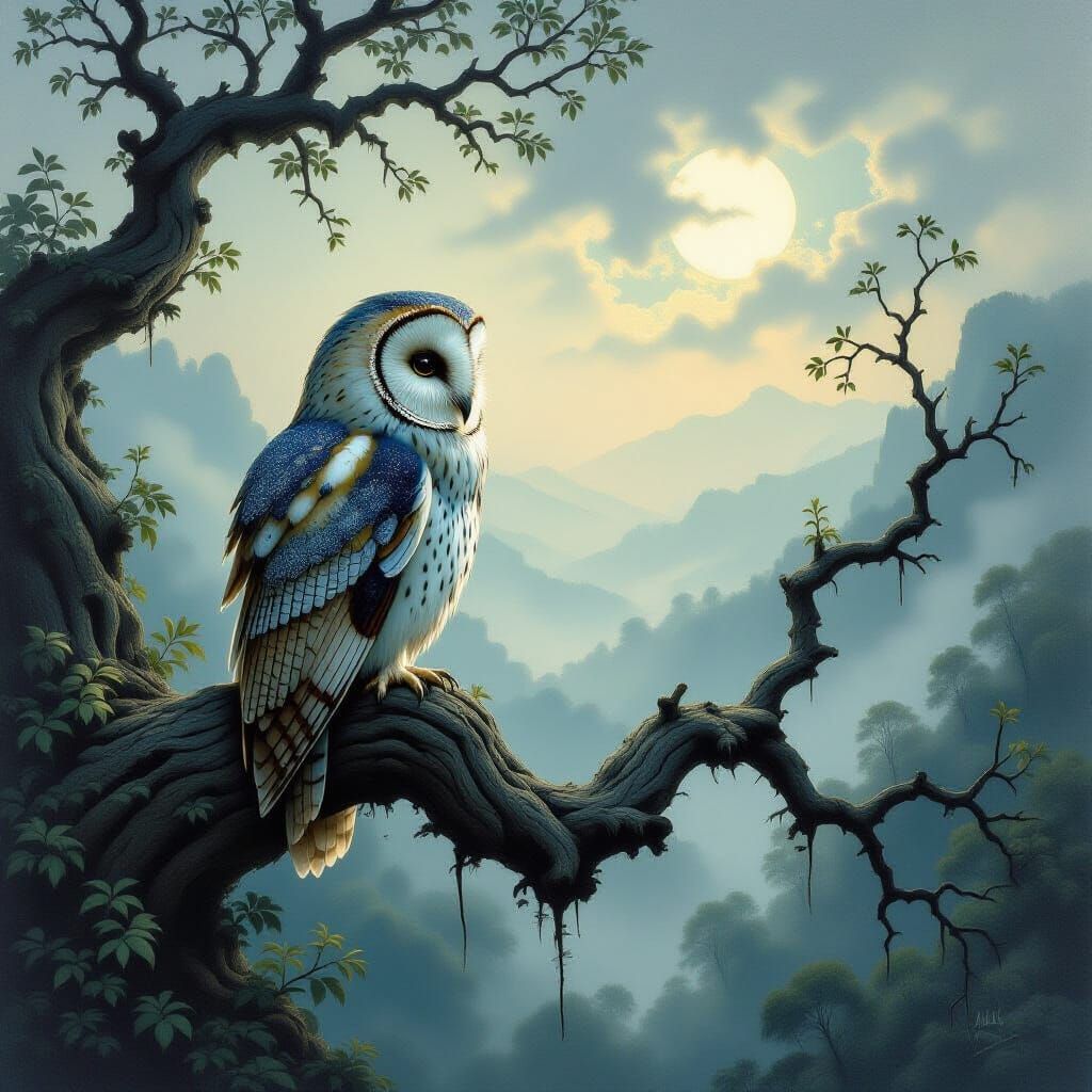 Solitary Owl in Misty Valley Oil Painting