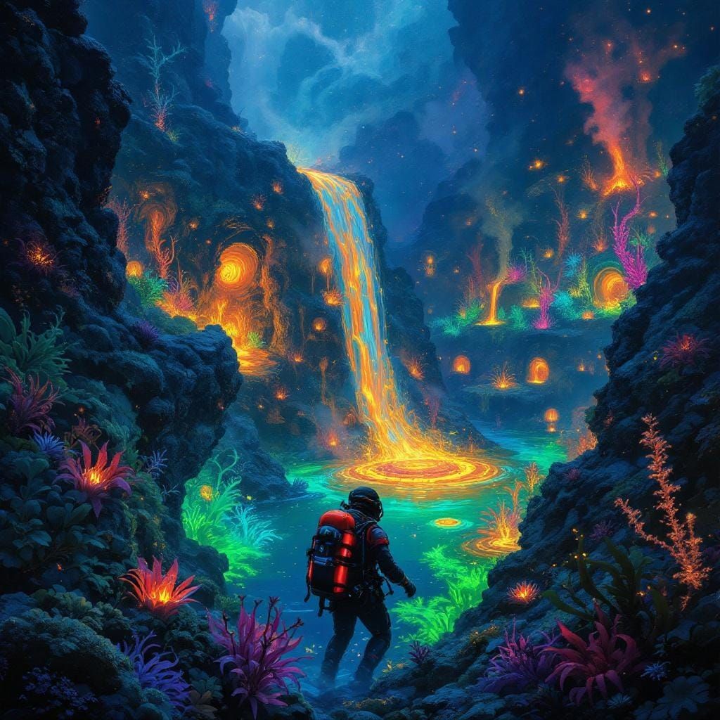 Bioluminescent Deep Sea Diver in a Surreal Environment
