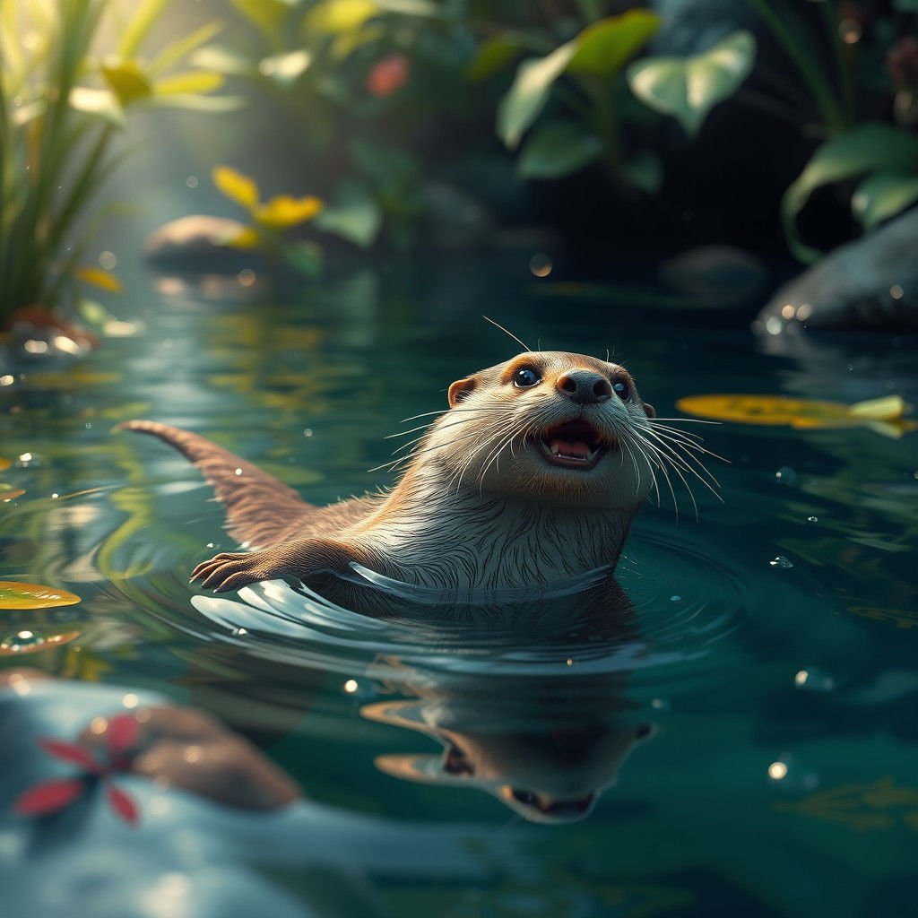 Otter Swimming in River: Matte Painting Style