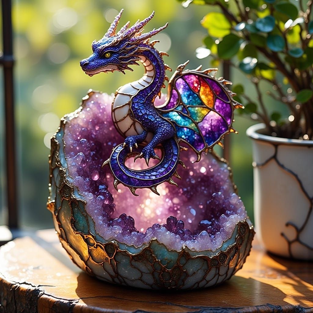 Elegant Stained-Glass Dragon Adorned Amethyst Geode