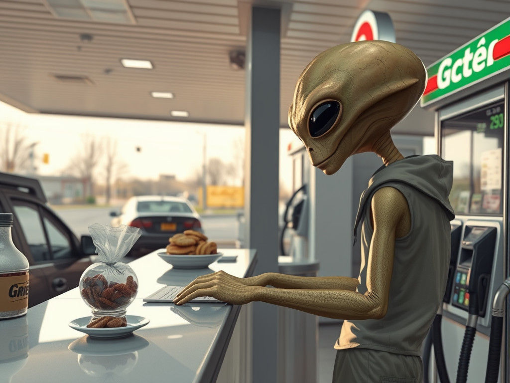 Alien at Gas Station Buys Snacks