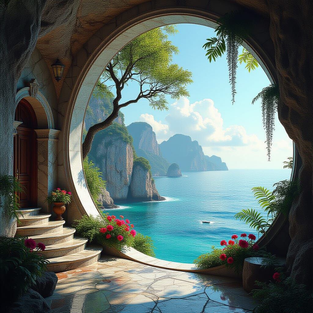 Cave Painting Nature Landscape with Ethereal Architecture