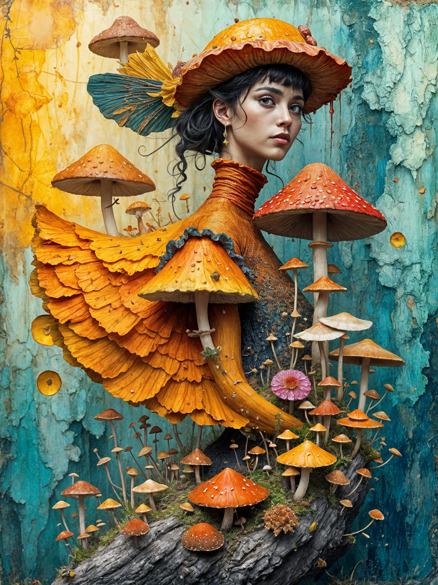 Mushroom Faerie with Fungal Civilization, Digital Art