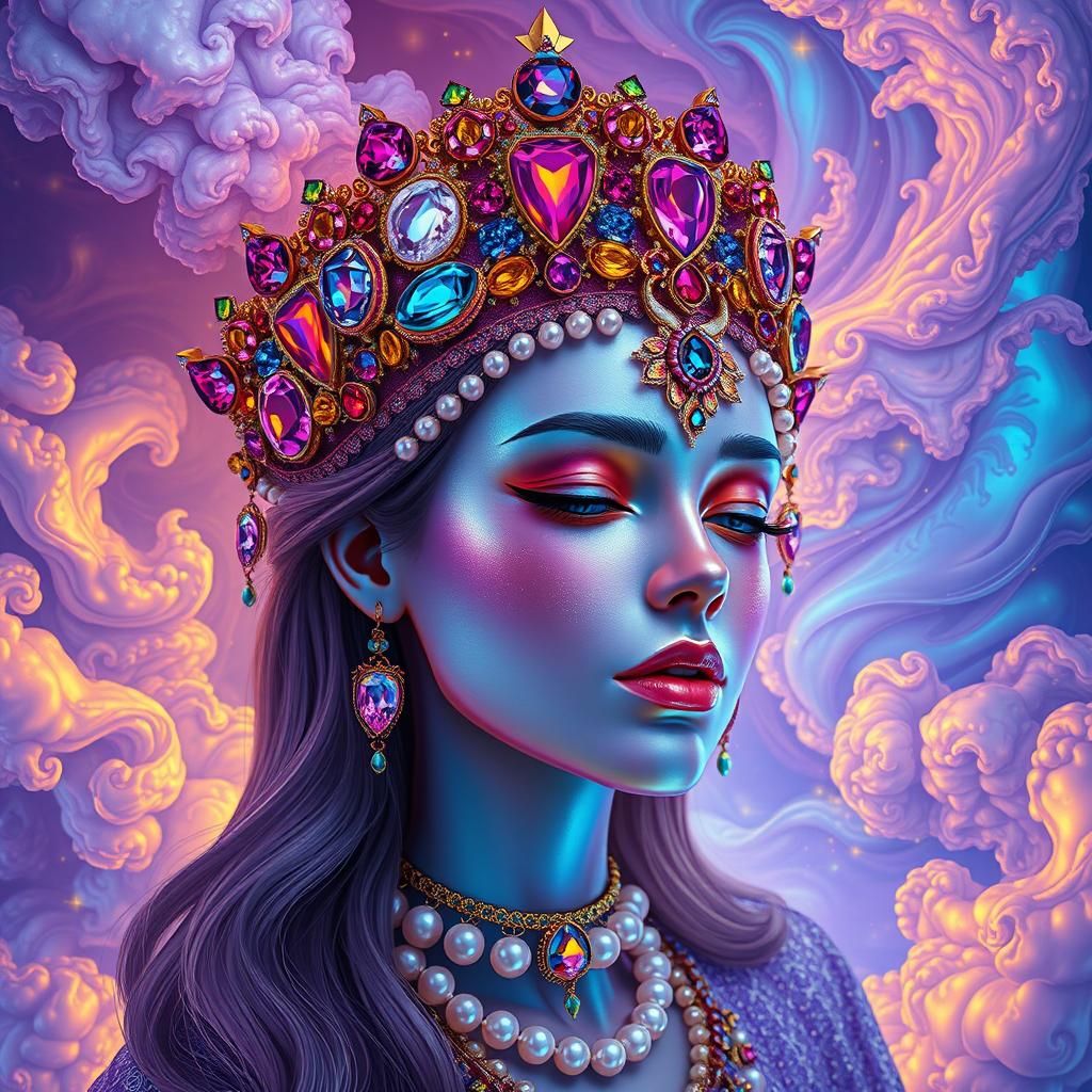 Celestial Lady with Jewels in Cosmic Dreamscape