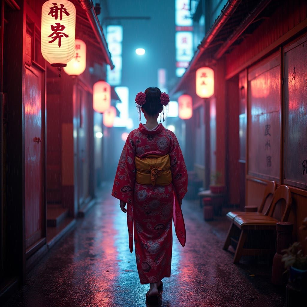 Cyberpunk Geisha in Neon Alleyway