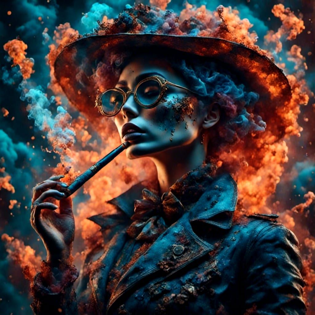 Steampunk Woman Smoking Cigar in Hyperreal Style