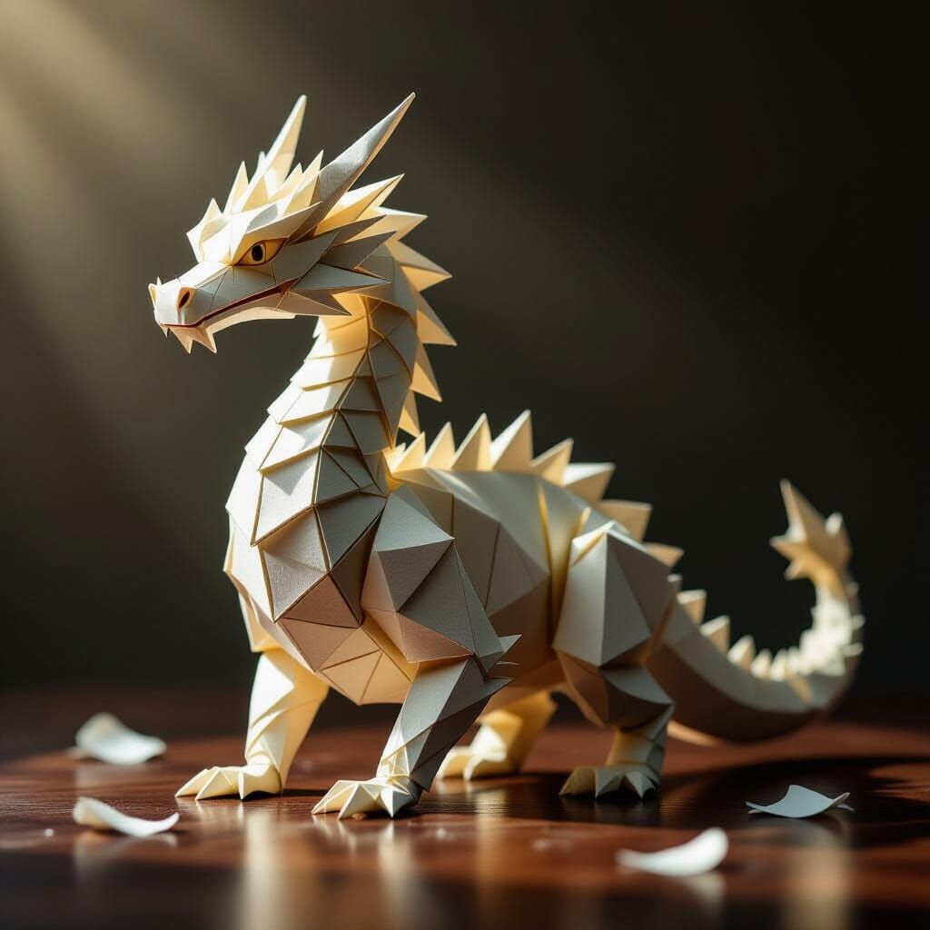 Hyper-Realistic Origami Dragon in Soft Light
