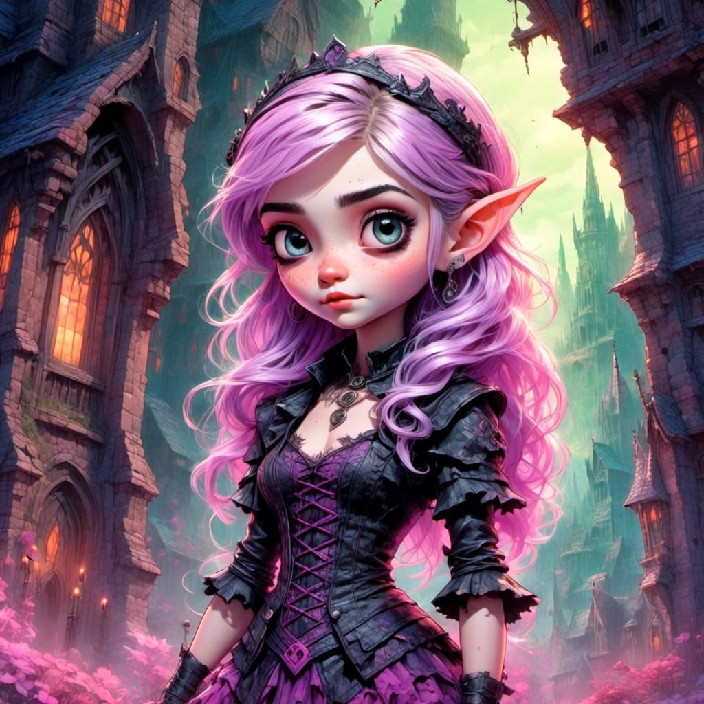 Cute Goth Elf in Gothic Horror Scene