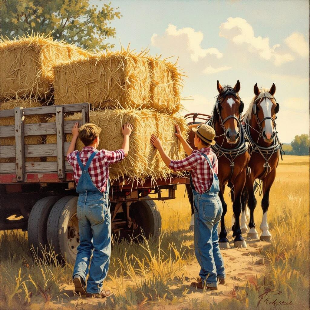 Teens Load Hay Behind Draft Horses in Golden Afternoon Light