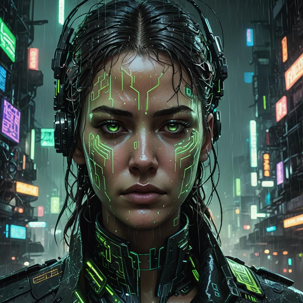 Serene Face in Cyberpunk Cityscape: Digital Art