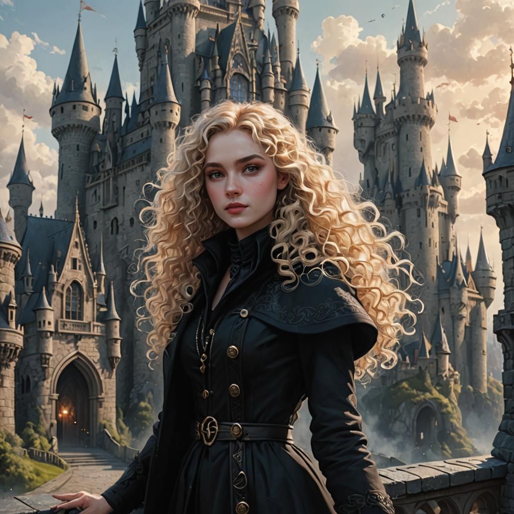 Blonde Woman with Wand in Fantasy Castle