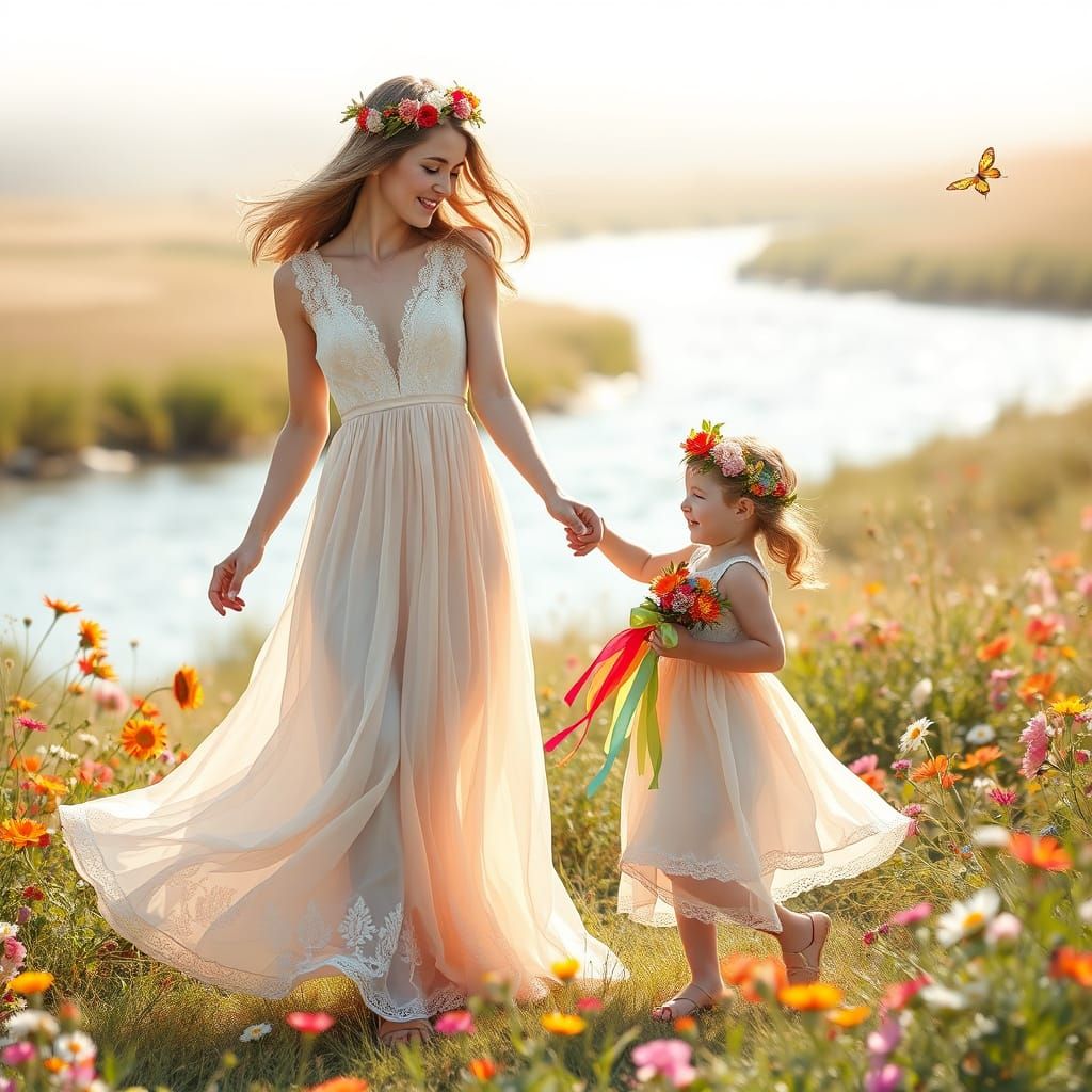 Elegant Mother and Daughter Dance in Whimsical Meadow