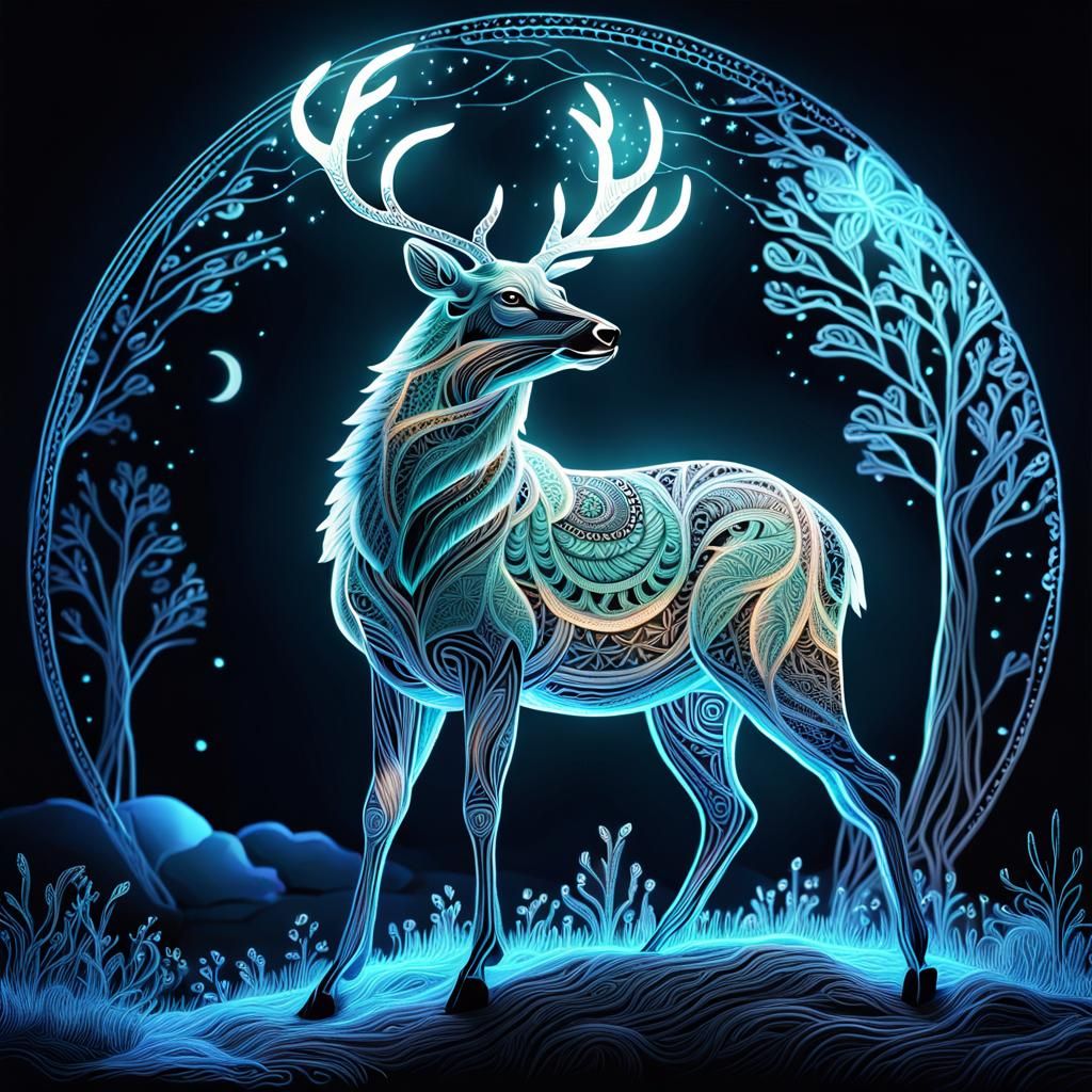 Bioluminescent Zentangle Deer Under Moonlight in Fibre Optic...