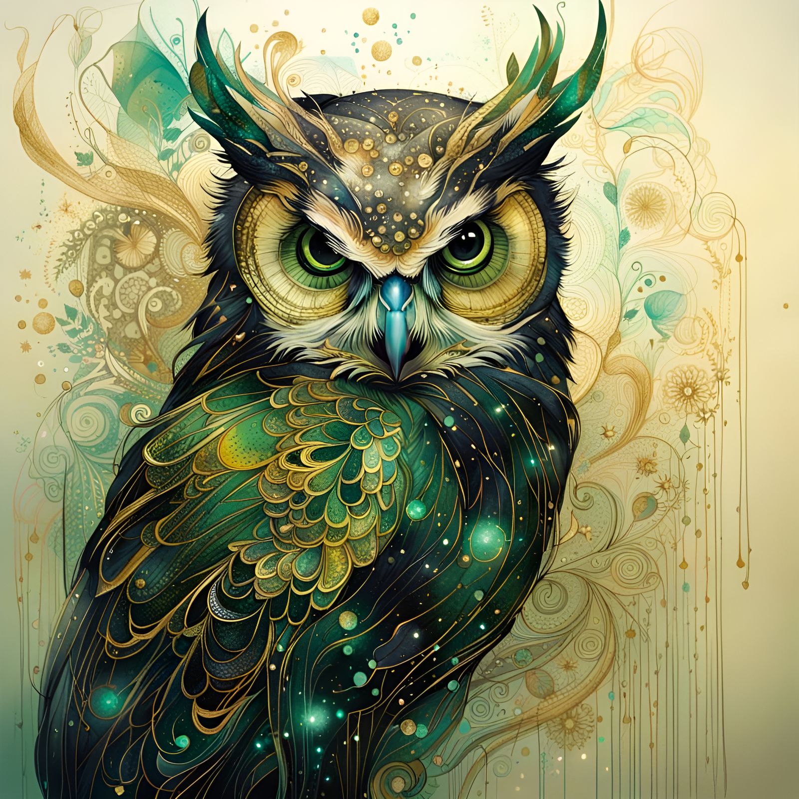 Fantastical Black and Gold Owl in Ink Flow Art