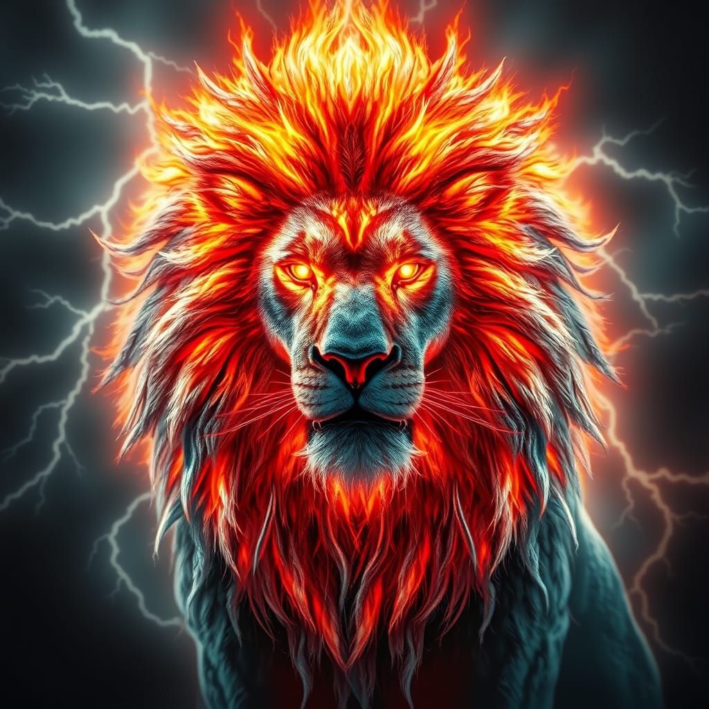 Icy and Fiery Lion God in Electric Storm