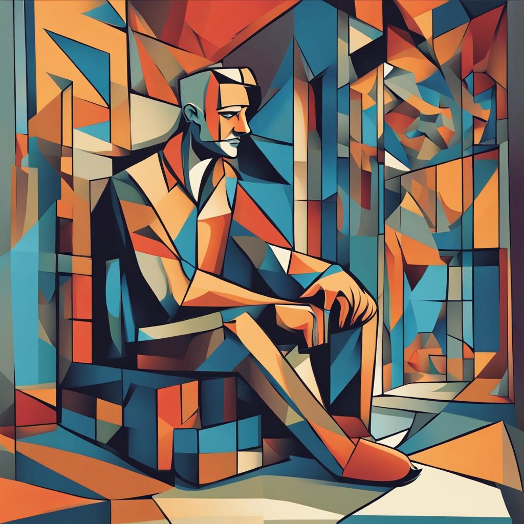 Cubist Man in Empty Room: Geometric Fauvism Style