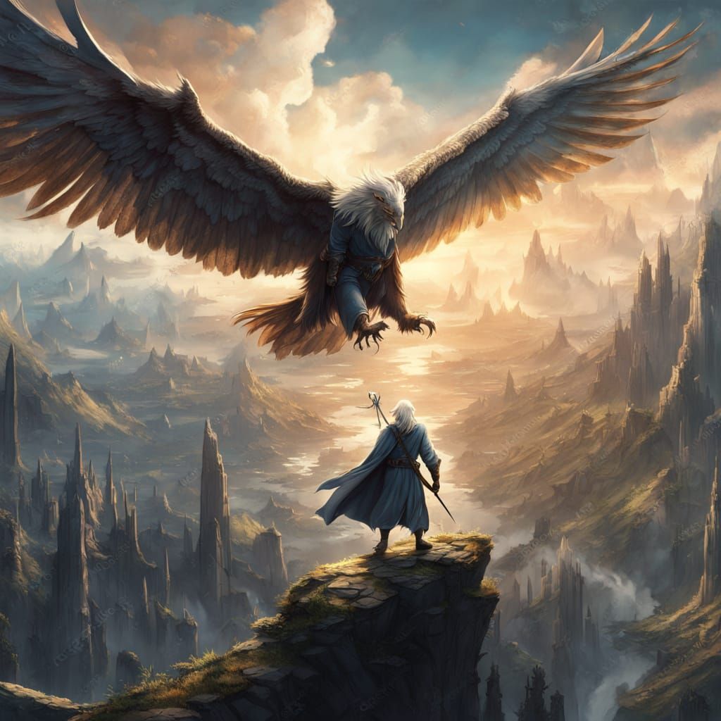 Gandalf Rides Majestic Eagle in Vibrant Fantasy Art