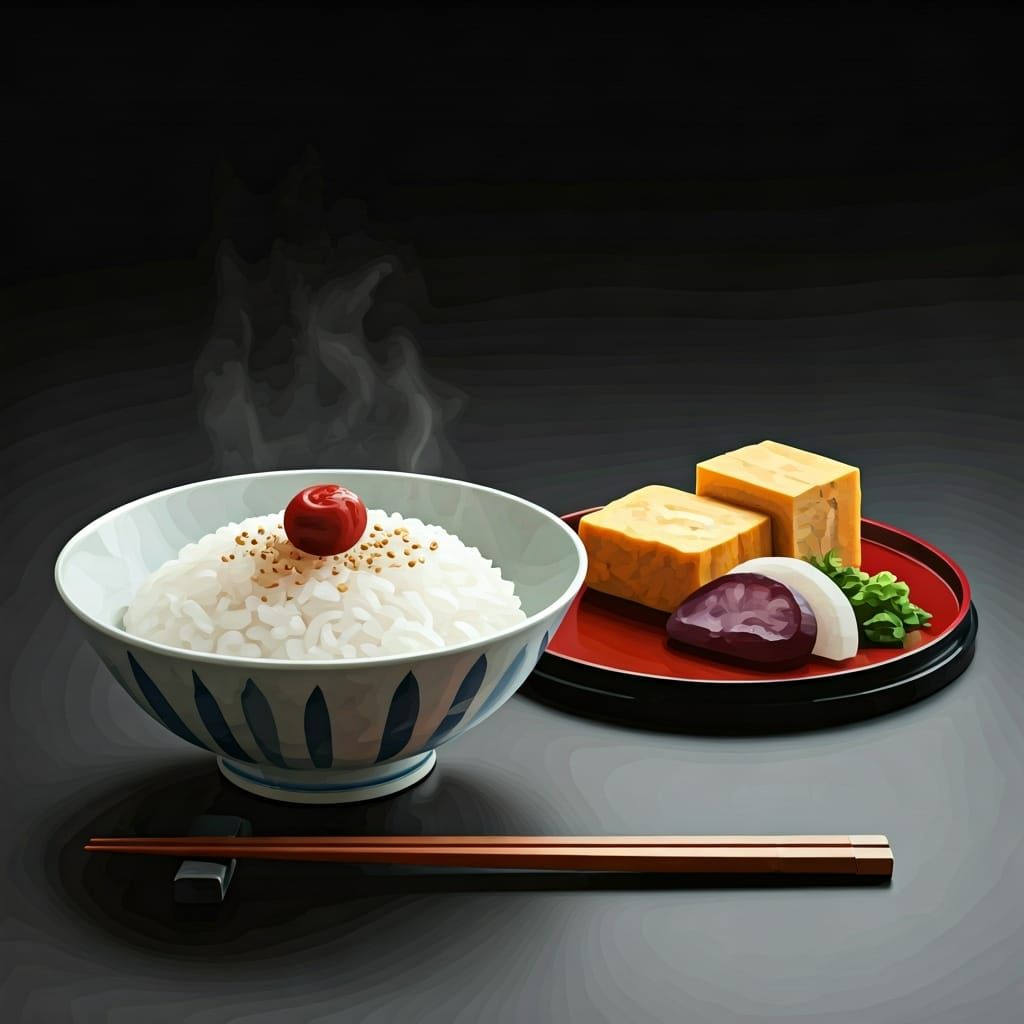 Rice Bowl Still Life in Japanese Ink Wash Style