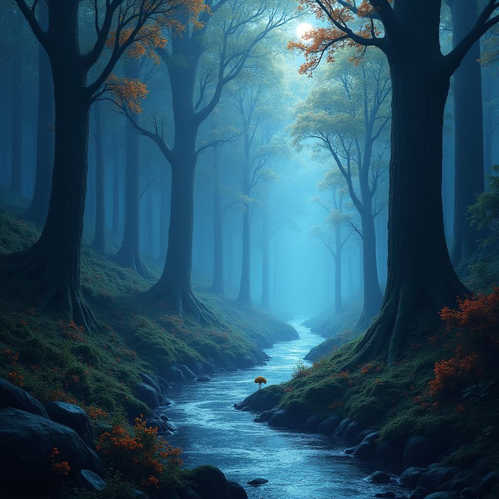 Mystical Forest River with Ethereal Glow: Concept Art