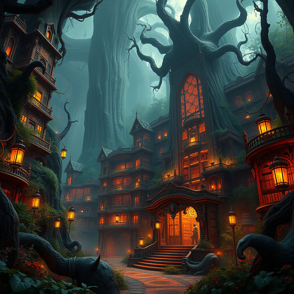 Mystical Library in Dreamlike Fantasy Landscape