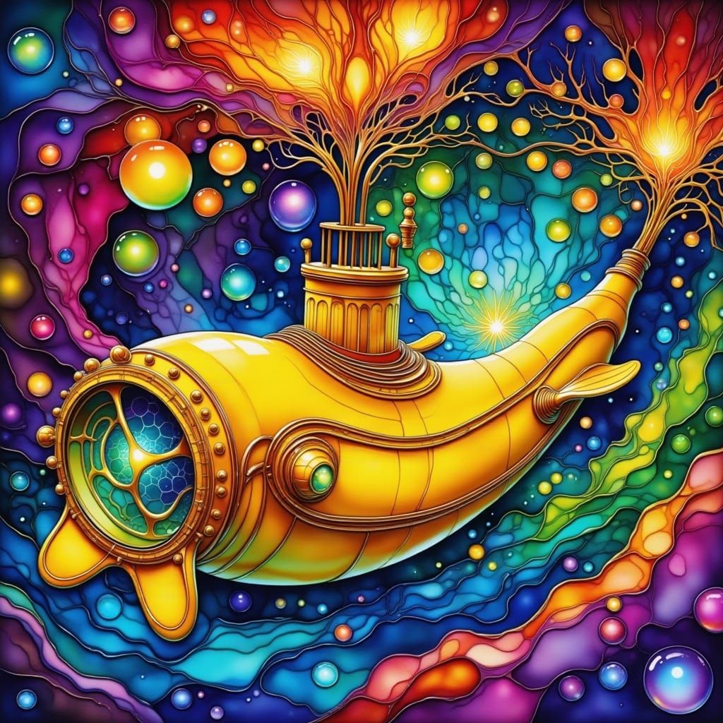 Yellow Submarine in Banana Spaceship with Neon Bubbles