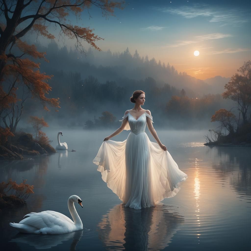 Woman and Swan in Moonlit Lake: Digital Matte Painting