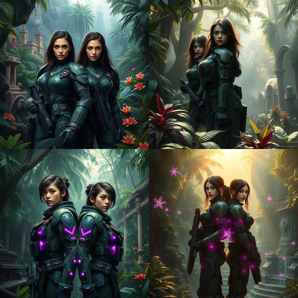 Twin Warriors in Tropical Jungle Combat Armor