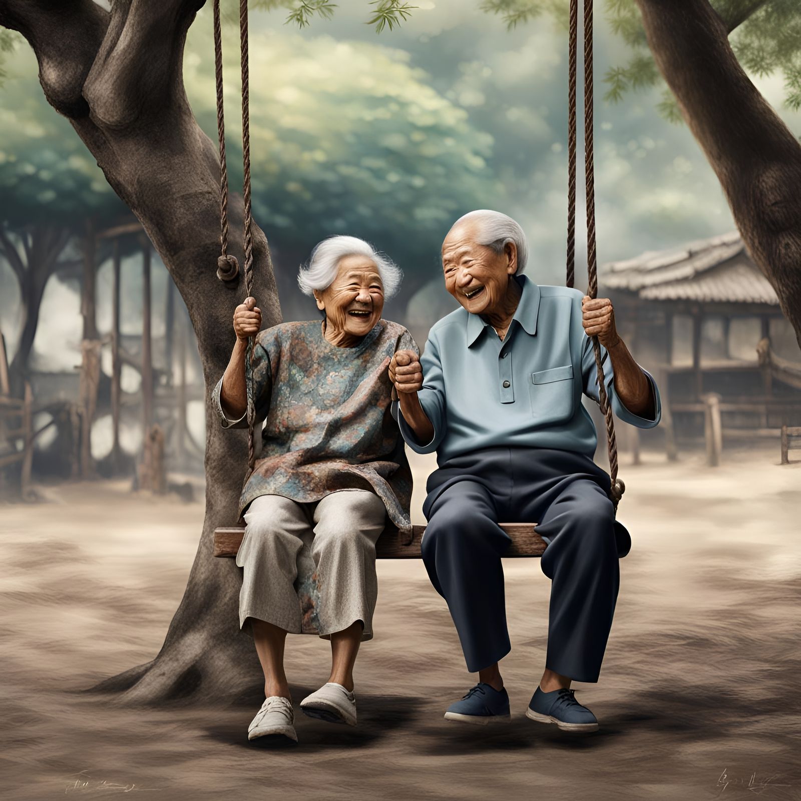 Elderly Couple Laughing on Swing in Old Tree