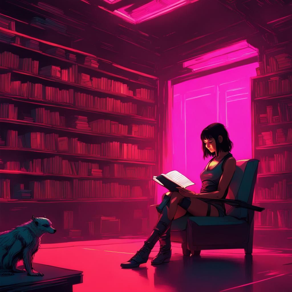 Cyberpunk Girl Reading in Neon Library