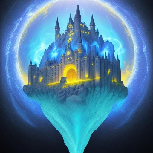 Astral Castle Floating Above Reflective Blue Ocean