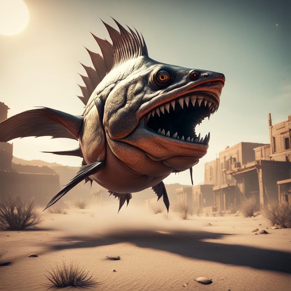 Flying Piranha in Desert Ghost Town, Hyperrealistic 3D