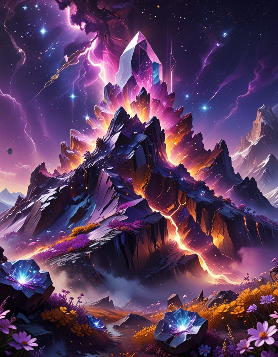 Majestic Crystal Mountain on Alien Planet with Nebula