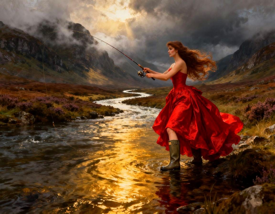 Fashion Model Fishing in Scottish Highlands