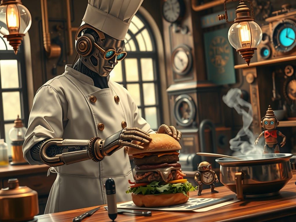 A steampunk automaton chef meticulously crafting a gourmet burger in a Victorian-era kitchen, gears whirring and steam h...
