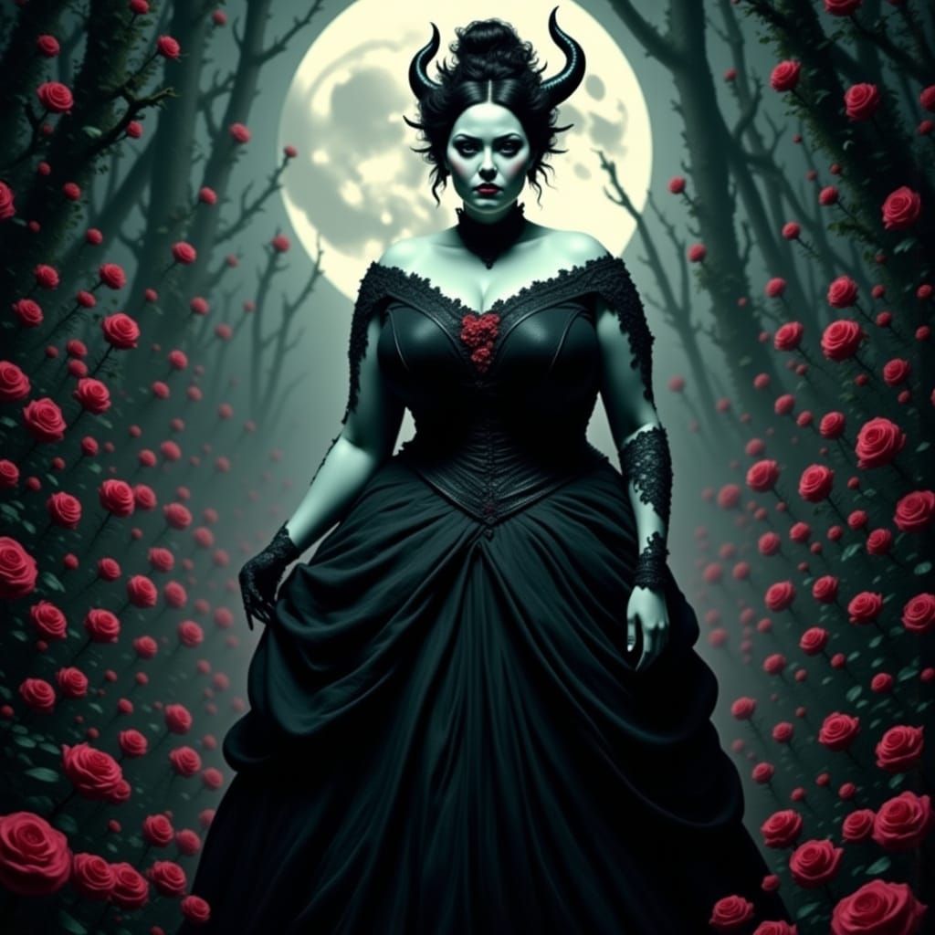 Gothic Female Demon in Roses, Surrealist Art