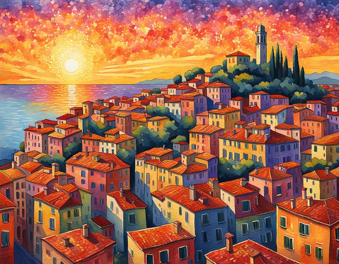 Italian City Sunset in Pointillist Gouache Style