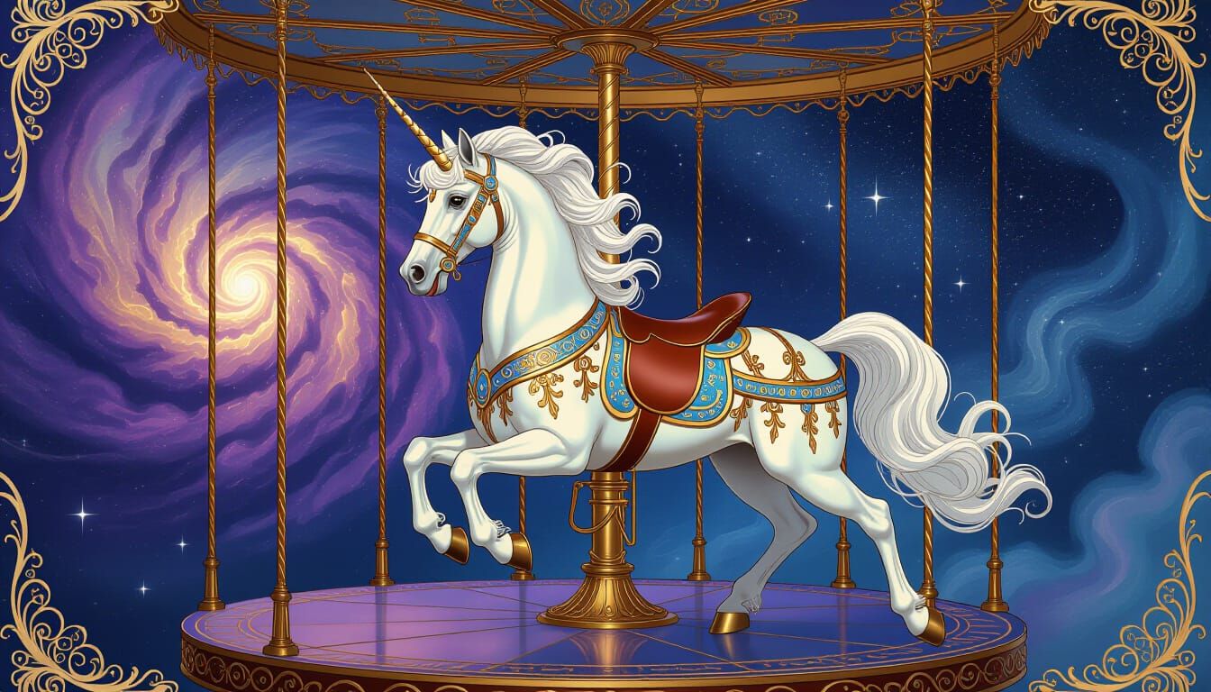 Majestic Carousel Horse Under Nebula Sky