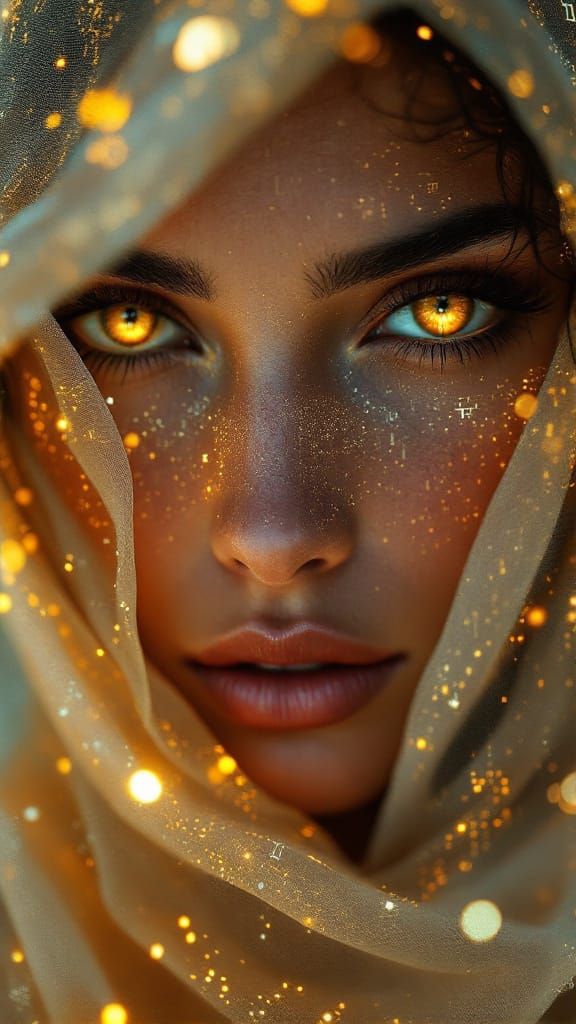 Mysterious Desert Woman With Glowing Eyes and Futuristic Vei...