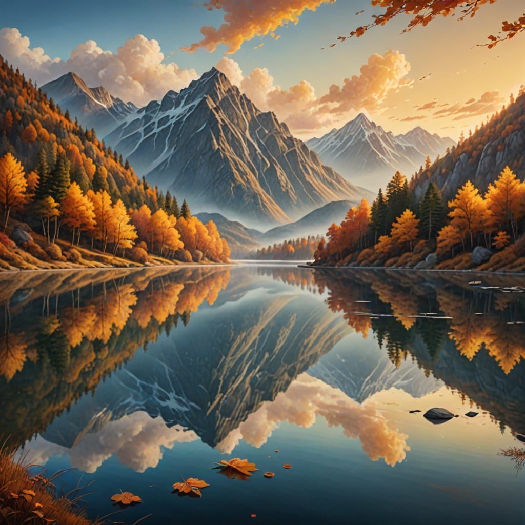 Autumn Mountain Lake in Airbrush Style