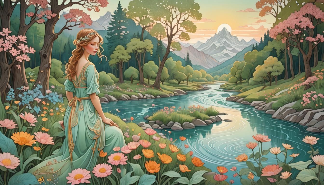 Embossed Landscape with River and Sunshine