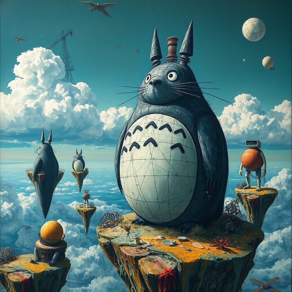 Enigmatic Industrialized Totoro on Floating Islands