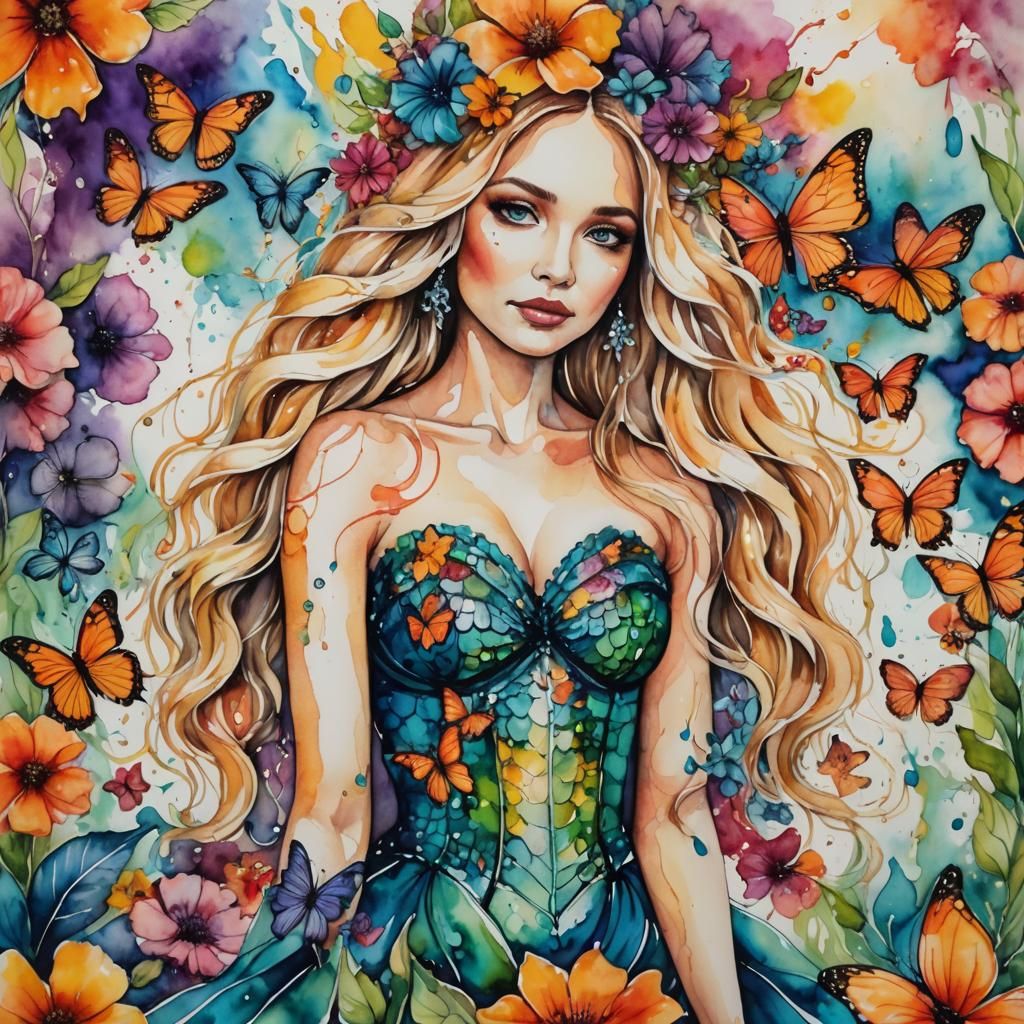 Watercolor Ink Painting of a Woman in Vogue Style