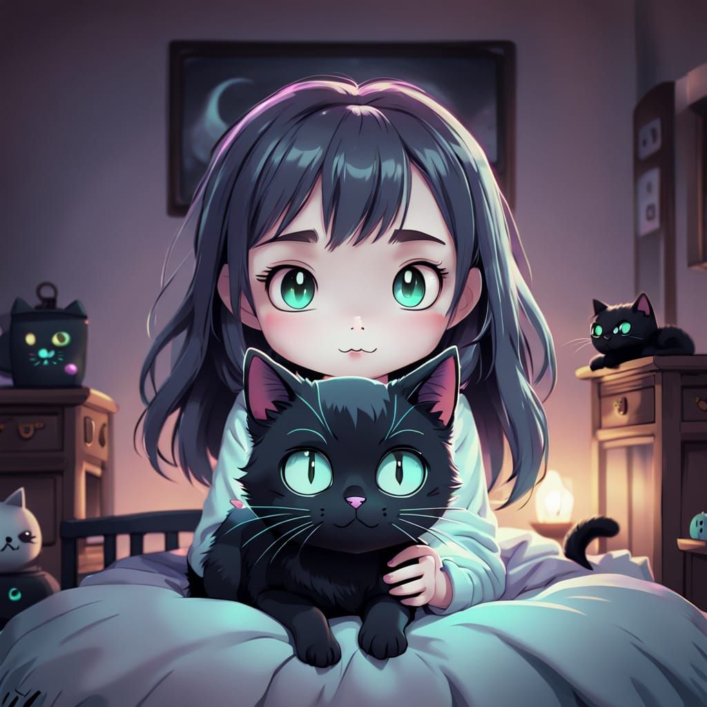 Kawaii Chibi Ghost Girl with Black Cat in Pastel Bedroom