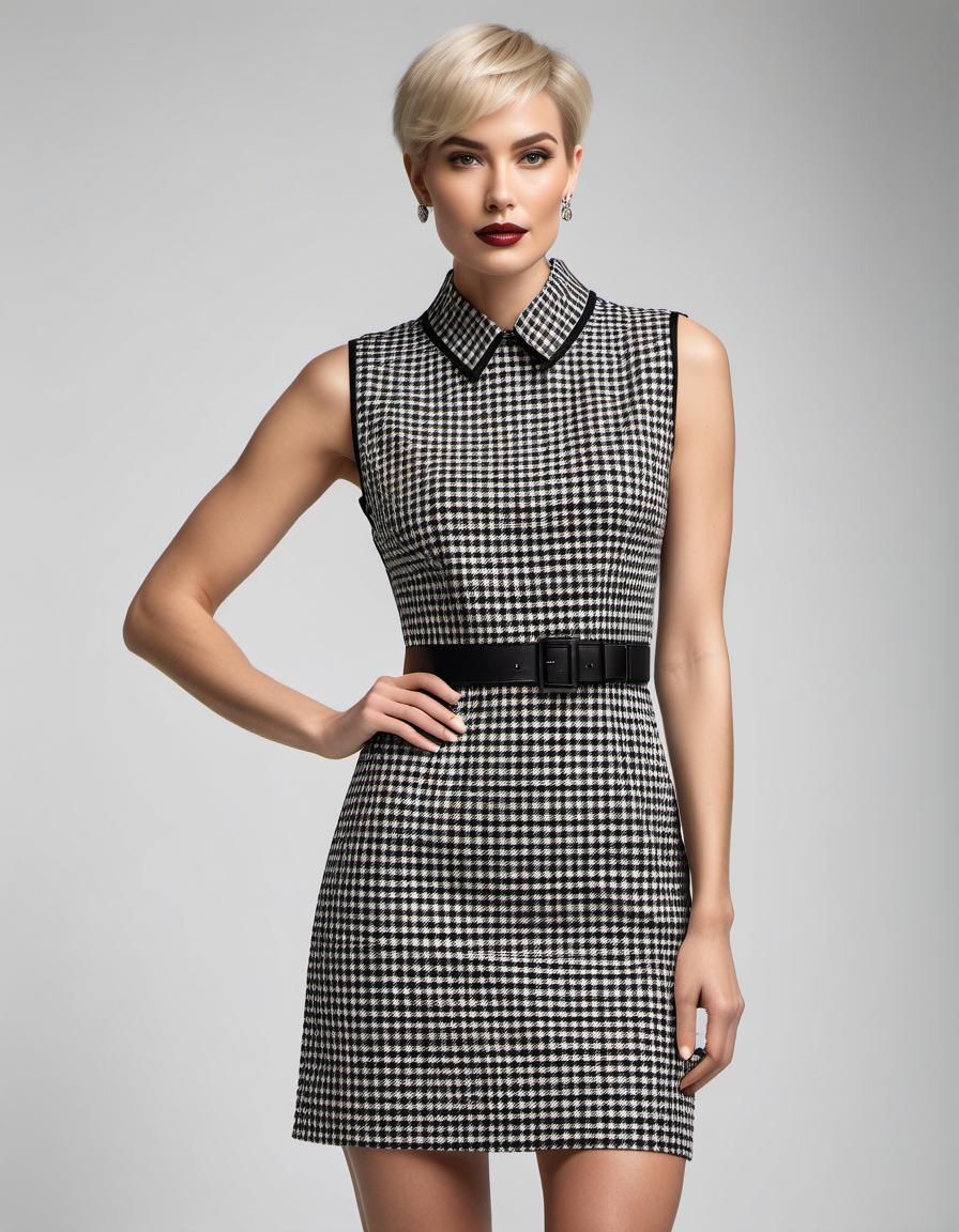 Elegant Woman in Glen Plaid Dress, Avedon Style